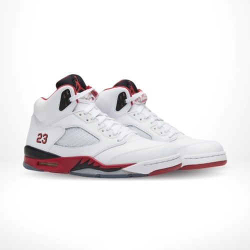 Angled front view of a full pair of Air Jordan 5