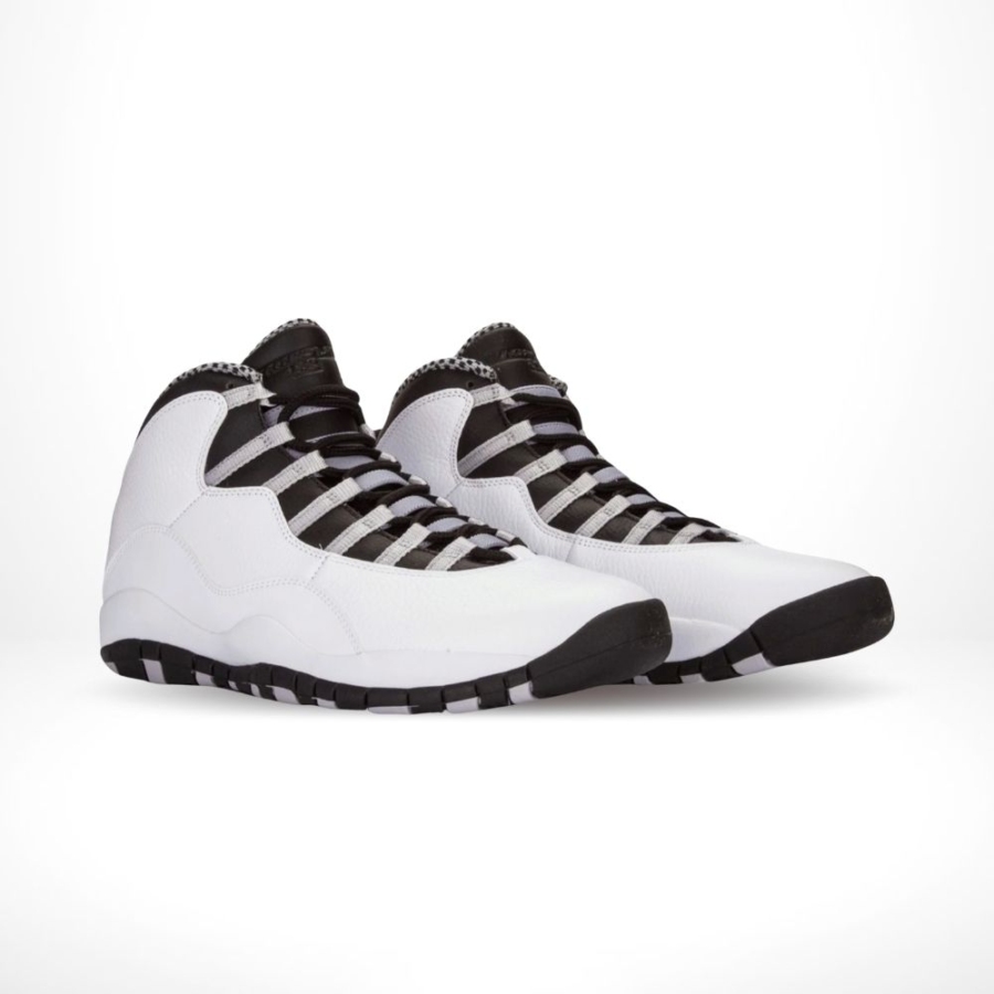 Angled front view of a full pair of Air Jordan 10