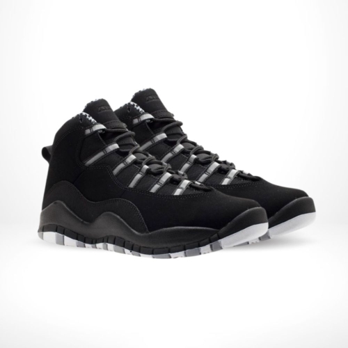 Angled front view of a full pair of Air Jordan 10