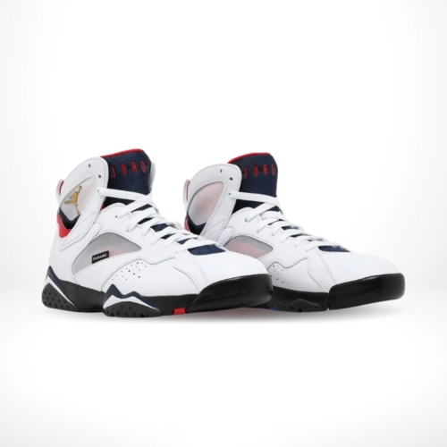 Angled front view of a full pair of Air Jordan 7