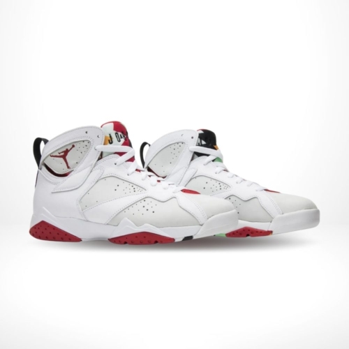 Angled front view of a full pair of Air Jordan 7