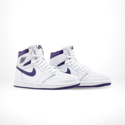 Angled front view of a full pair of Air Jordan 1