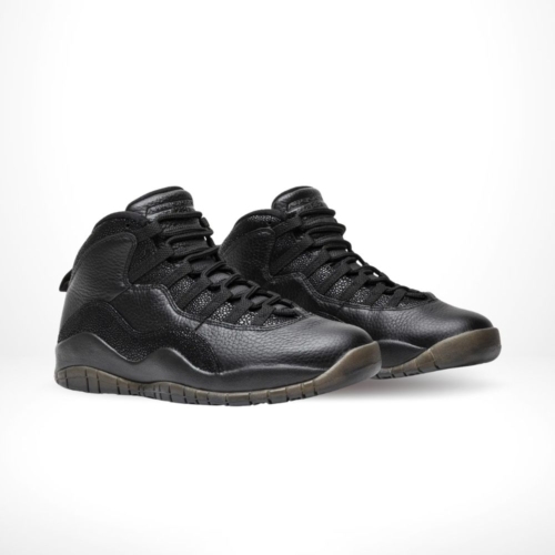 Angled front view of a full pair of Air Jordan 10