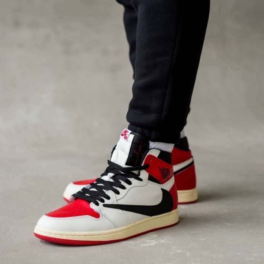 Angled front view of a full pair of Air Jordan 1