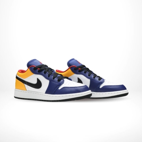 Angled front view of a full pair of Air Jordan 1