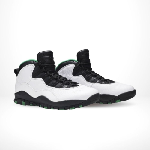 Angled front view of a full pair of Air Jordan 10