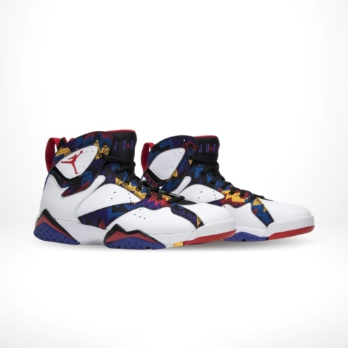 Angled front view of a full pair of Air Jordan 7
