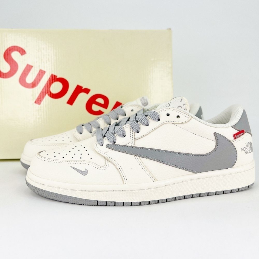 Angled front view of a full pair of Air Jordan 1