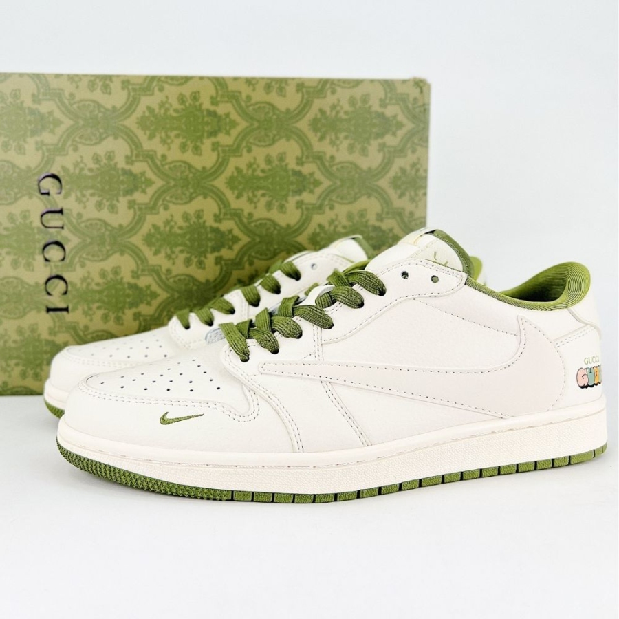 Angled front view of a full pair of Air Jordan 1