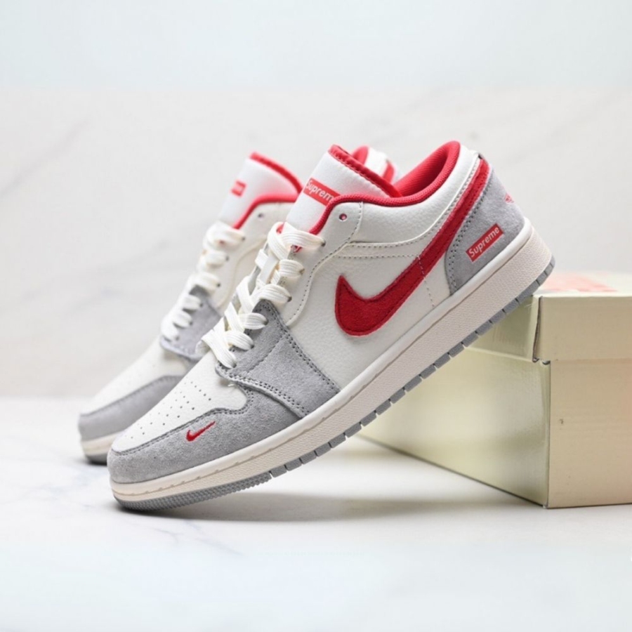 Angled front view of a full pair of Air Jordan 1