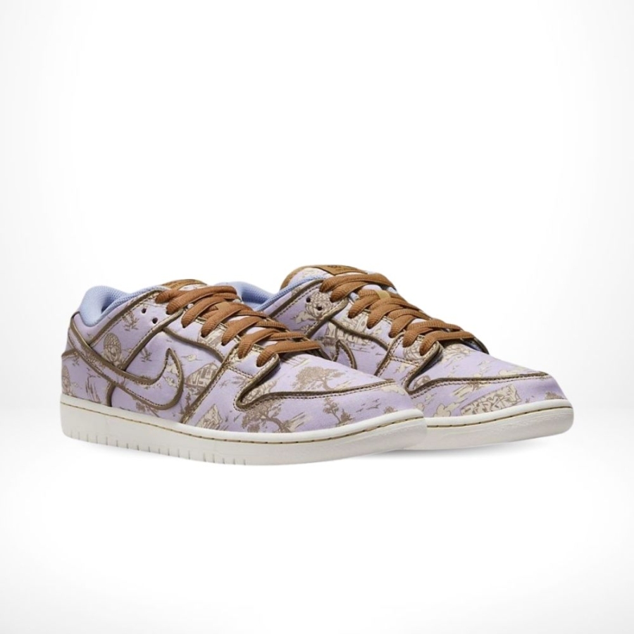 Angled front view of a full pair of Nike SB Dunk Low