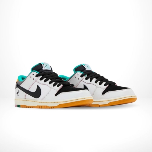 Angled front view of a full pair of Nike SB Dunk Low