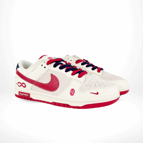 Angled front view of a full pair of Nike SB Dunk Low