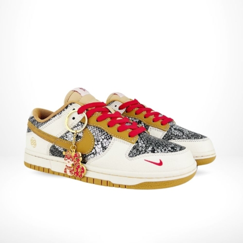 Angled front view of a full pair of Nike SB Dunk Low