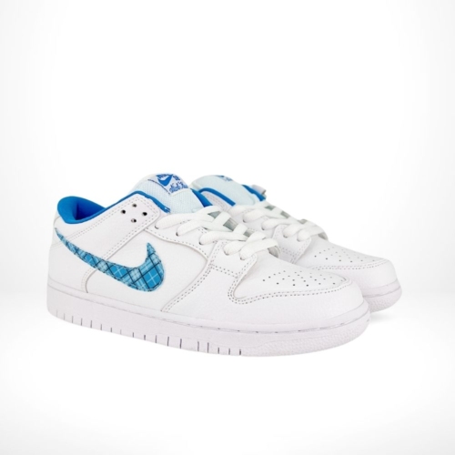 Angled front view of a full pair of Nike SB Dunk Low