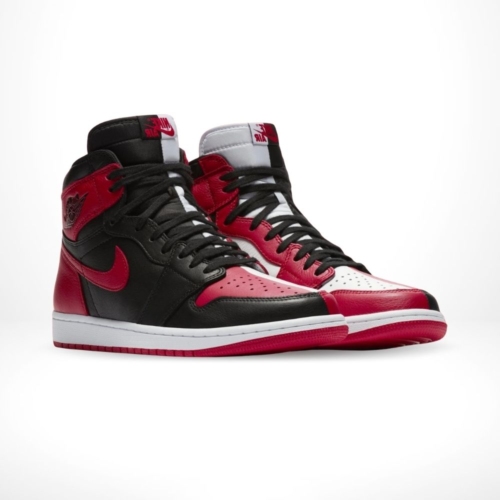 Angled front view of a full pair of Air Jordan 1
