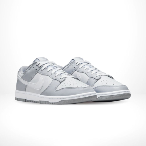 Angled front view of a full pair of Nike Dunk Low